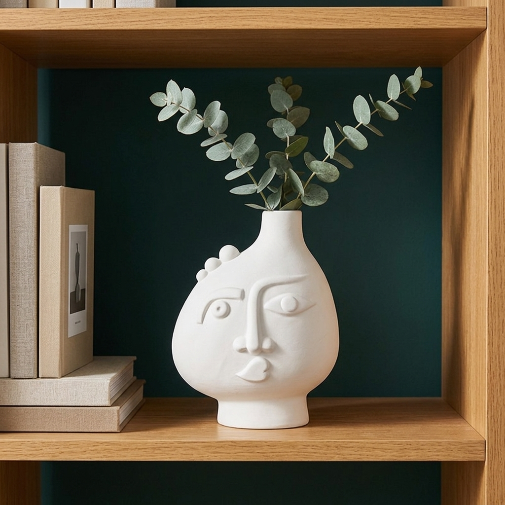 White ceramic face vase with eucalyptus styled on an open wooden shelf