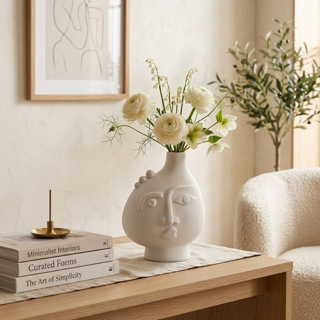 White ceramic face vase holding white ranunculus on a console table
