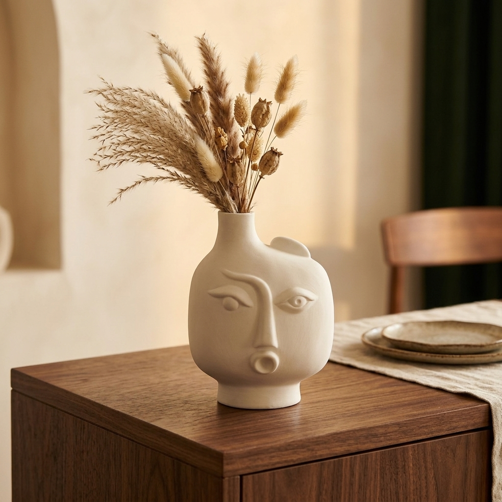 White ceramic face vase holding dried pampas on a wooden dining sideboard