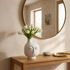 White ceramic face vase holding white tulips on an entryway console below a mirror