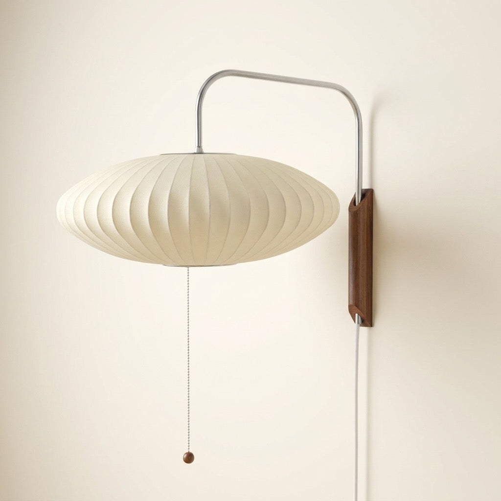 Flying-saucer pleated silk-effect wall lamp with chrome-tone arm and walnut wood bracket