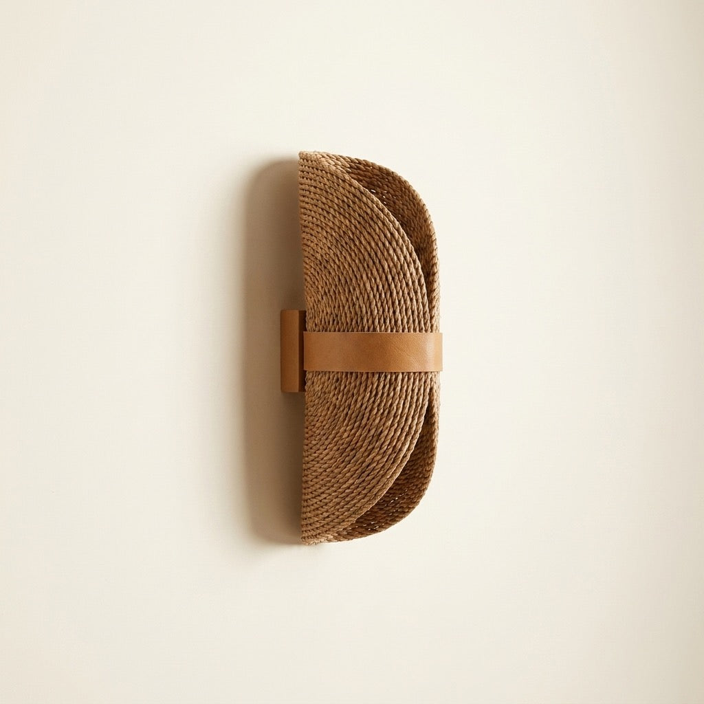 Curled half-moon woven rattan-look fiber wall sconce in warm tan with a leather-look strap mount.