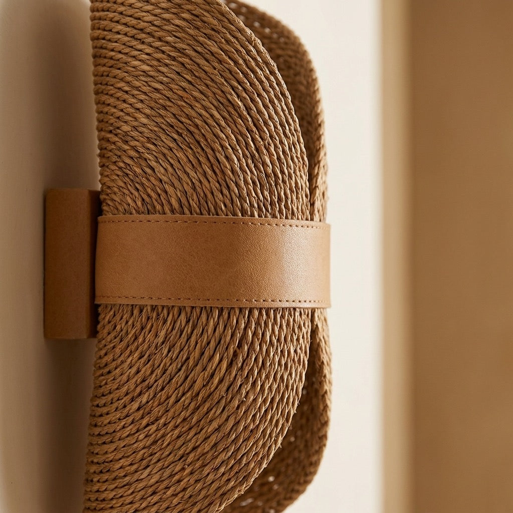 Close-up of the coiled rope-like weave on the curled half-moon sconce shade.