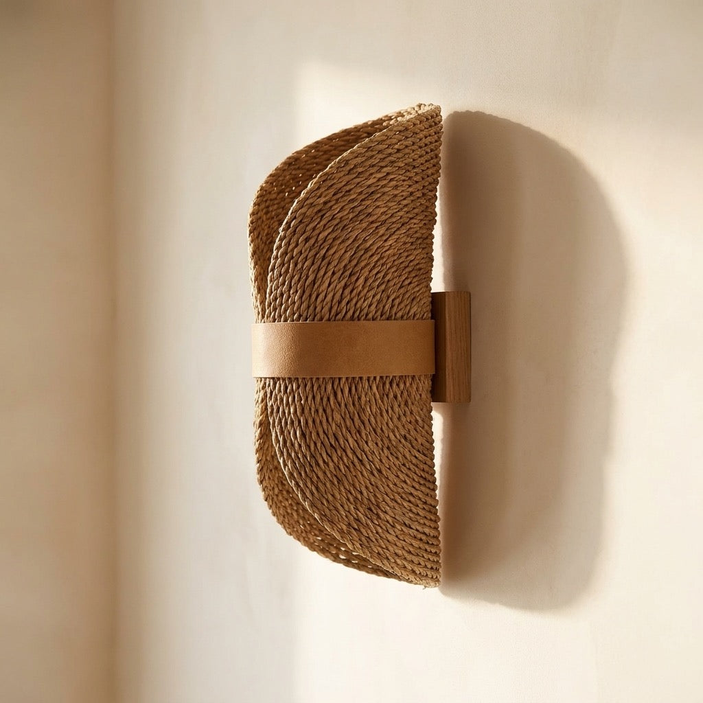 Woven wall sconce held by a single leather-look strap wrapping into a small wall block.
