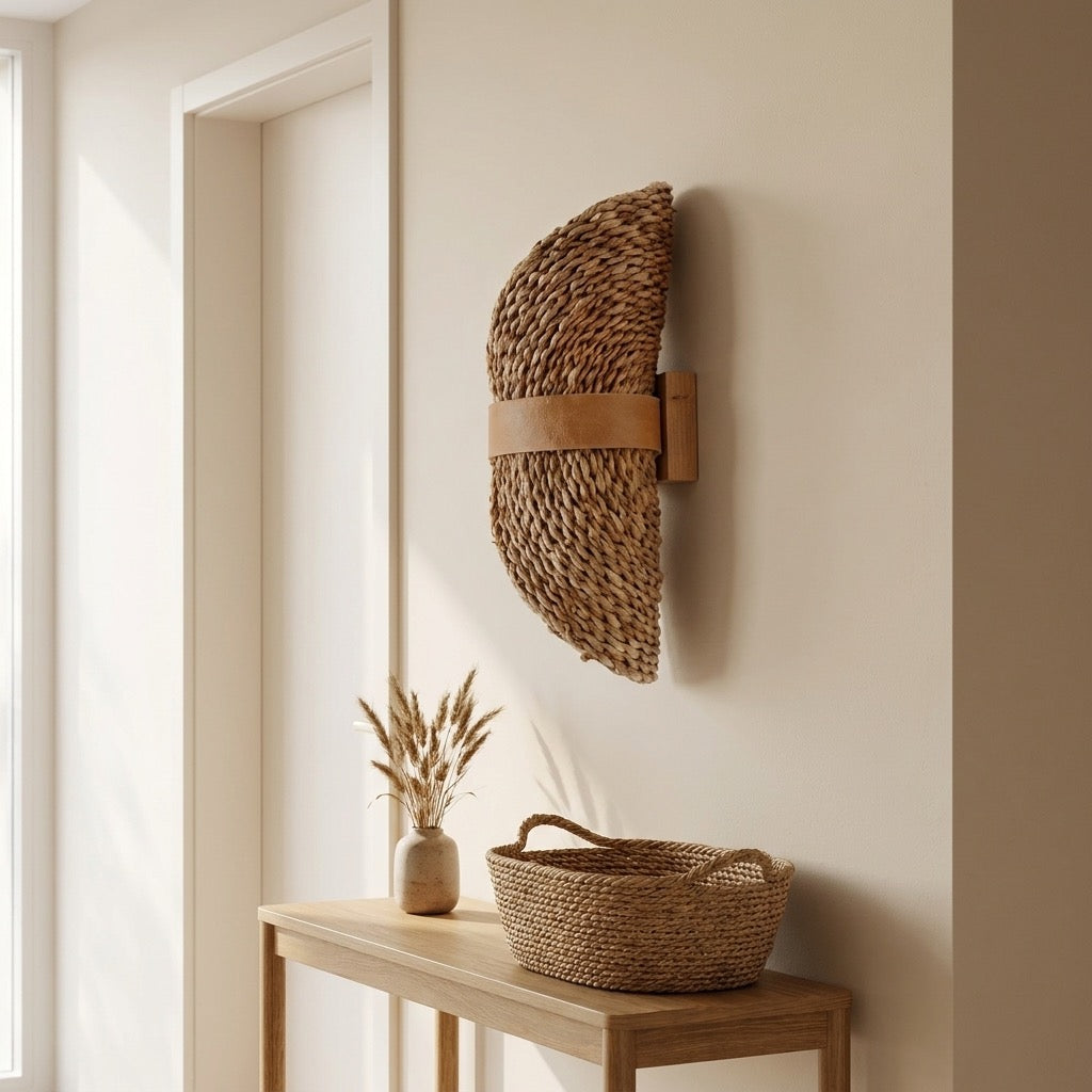 Side profile of the half-moon woven rattan-look fiber sconce standing proud of the wall.