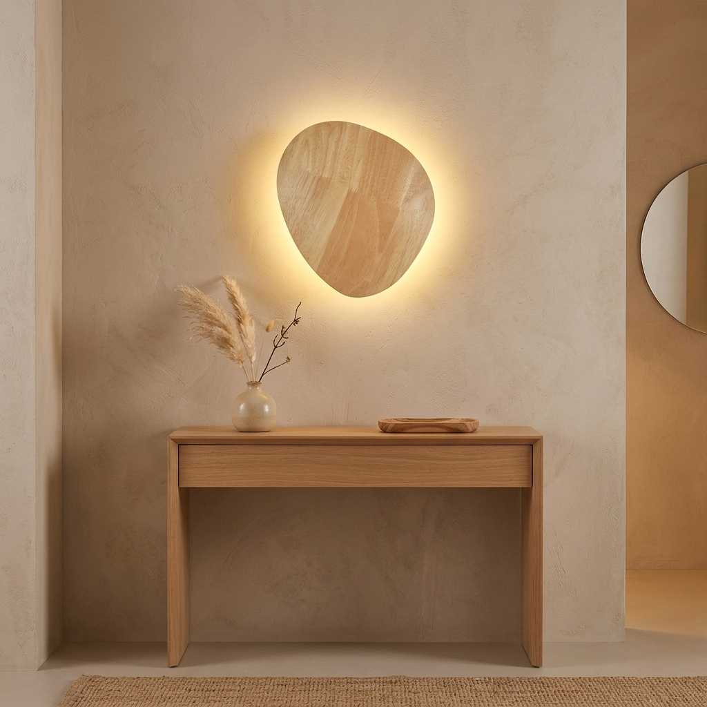 Oval wood wall light above a console table in an entryway