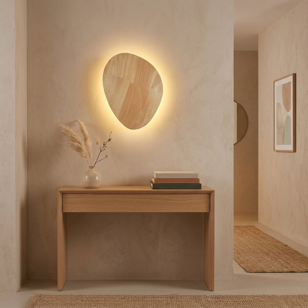 Oval natural wood wall light in a hallway with a wooden console table and warm backlit glow