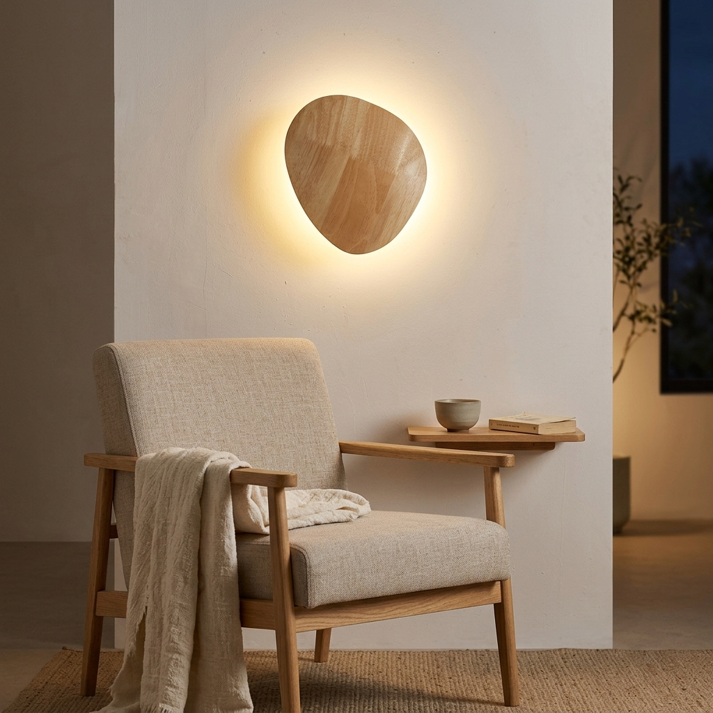 Oval wood wall light above a cozy reading armchair