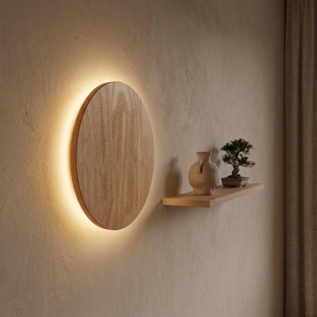 Round natural wood disc wall light mounted cleanly on an accent wall with a floating shelf and warm backlit halo