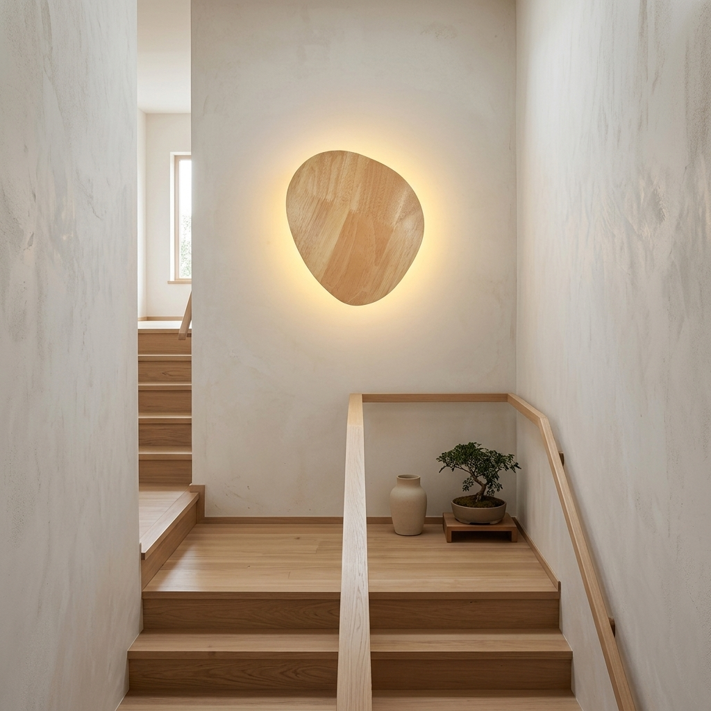 Oval wood wall light glowing warm on a staircase wall