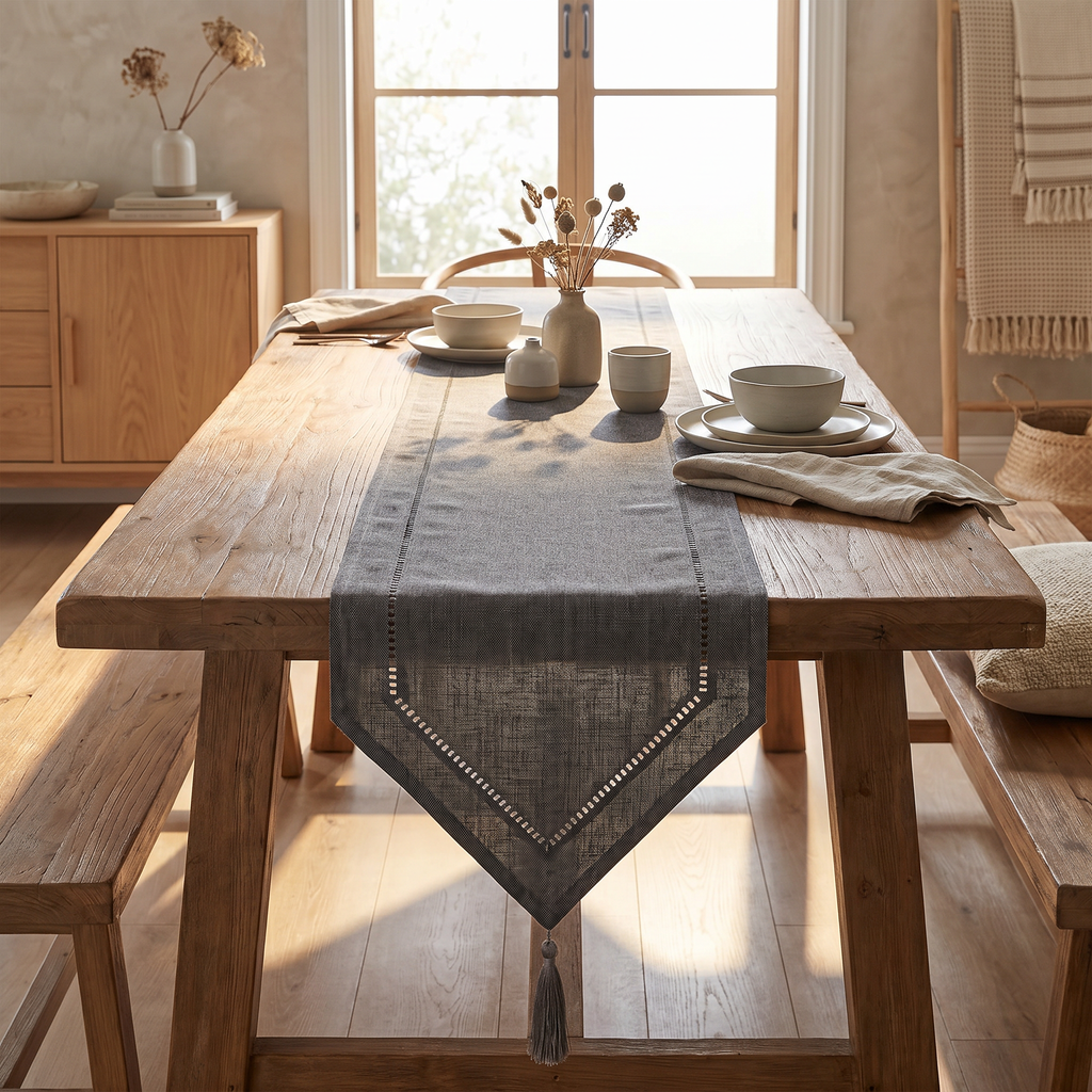 Khaki woven linen-look runner layered under a ceramic vase and candles