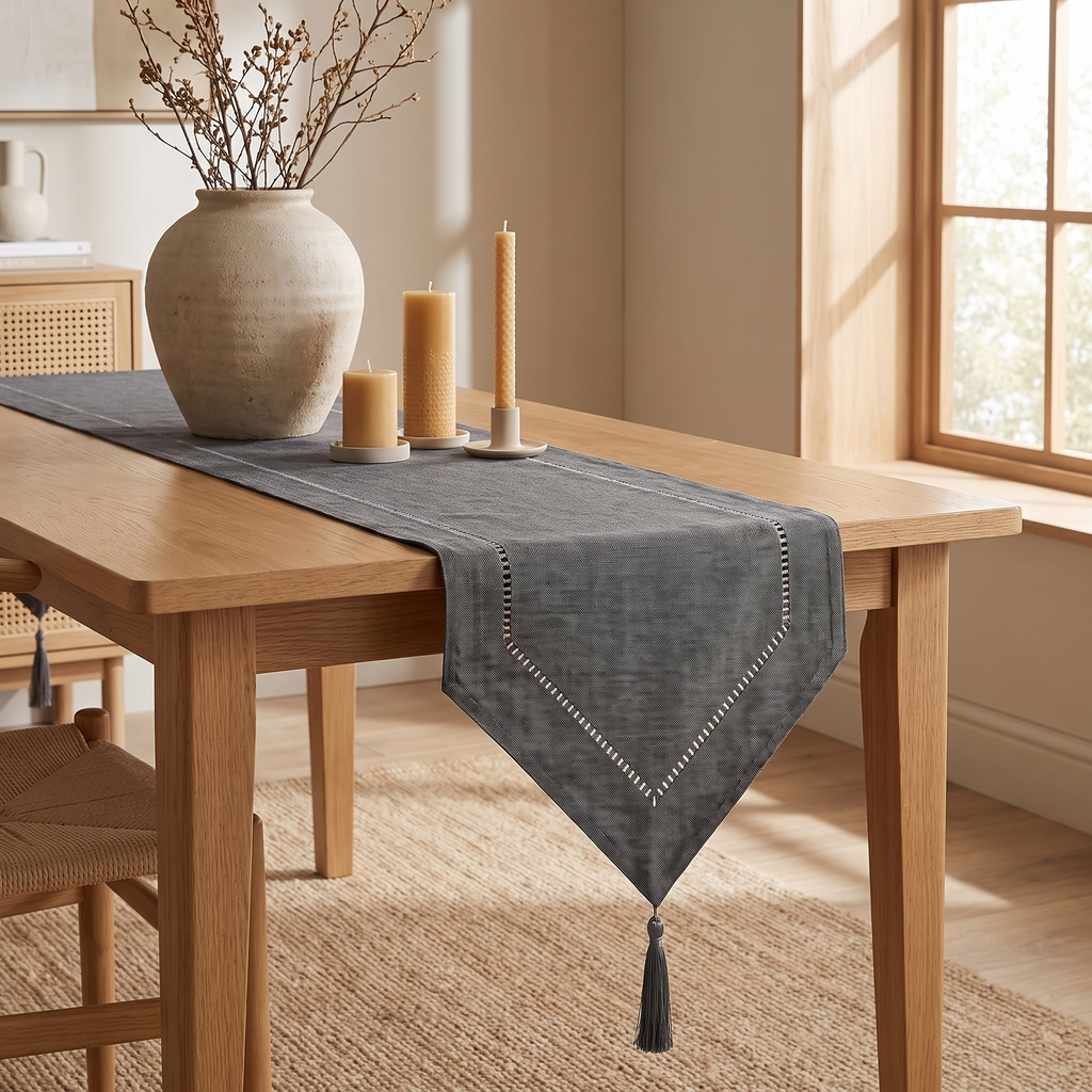 Solid neutral table runner styled on a minimalist Japandi dining setup
