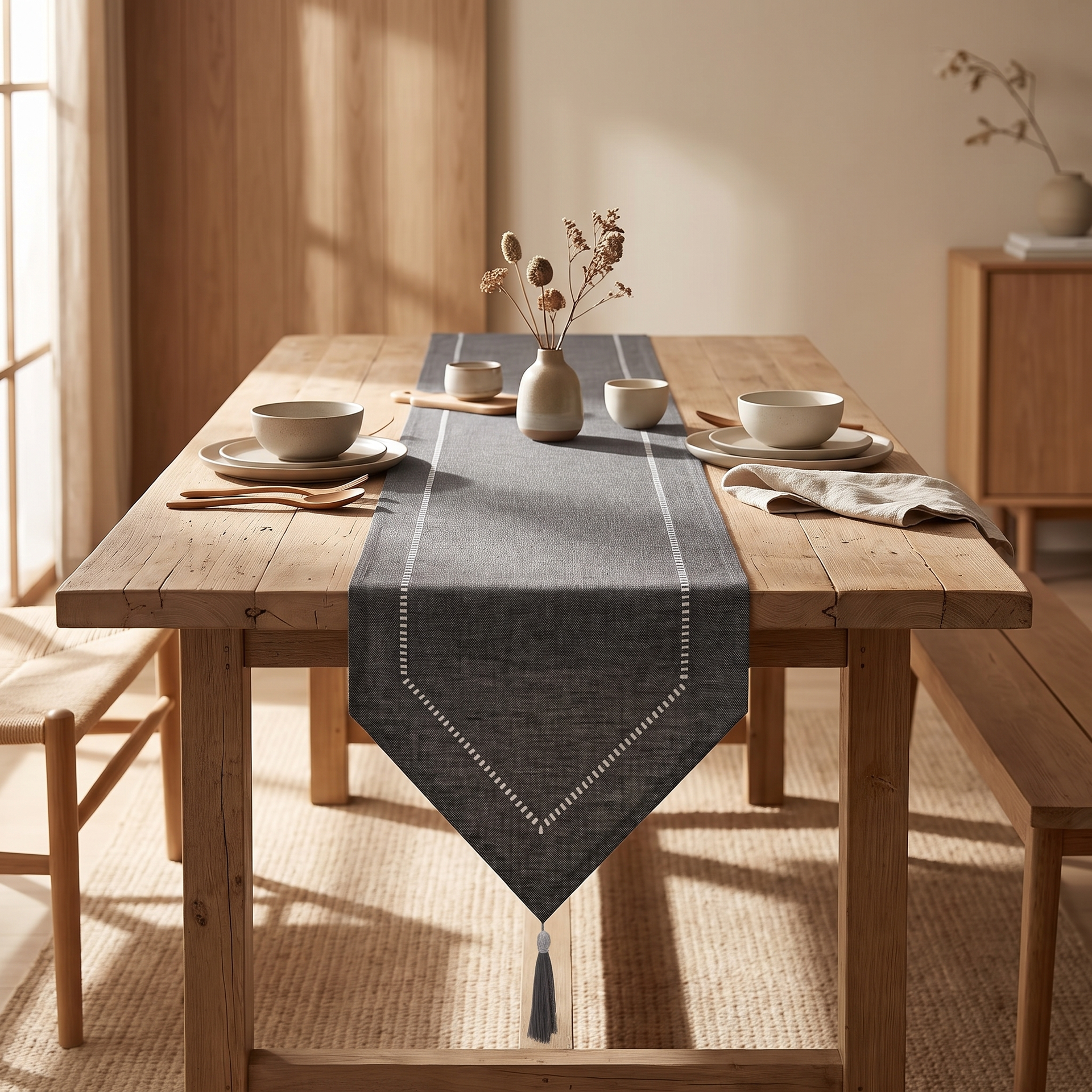 Close-up of the woven linen-look texture on a warm-neutral table runner