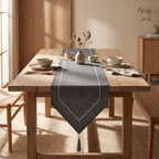 Close-up of the woven linen-look texture on a warm-neutral table runner