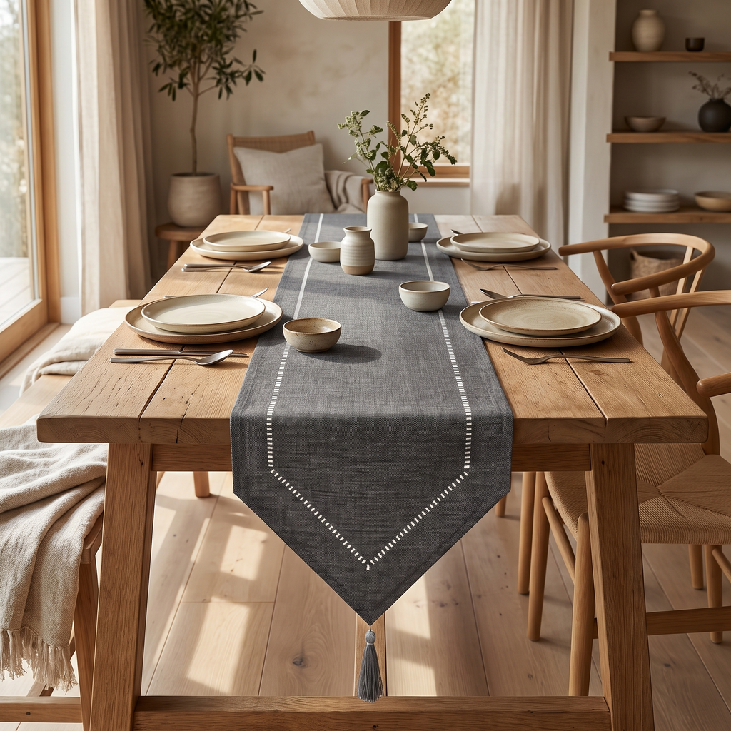 Gray linen-look runner centered on a long oak table with stoneware plates