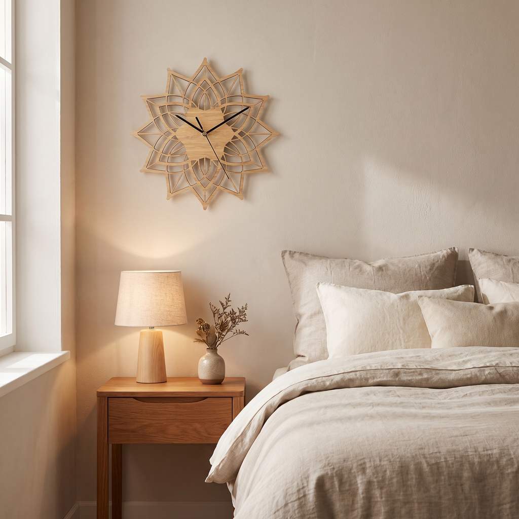 Wood lotus wall clock above a nightstand in a cozy bedroom