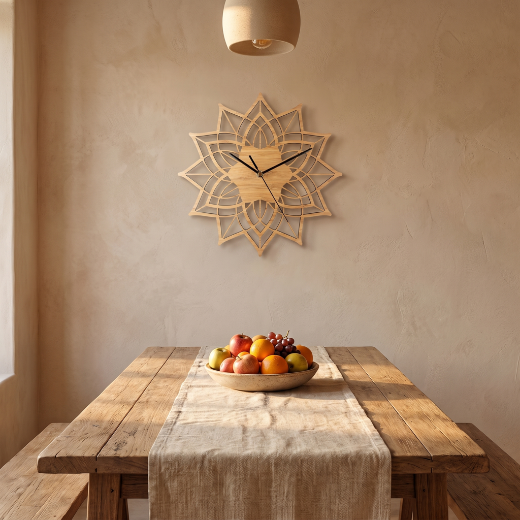 Wood lotus wall clock above a rustic dining table