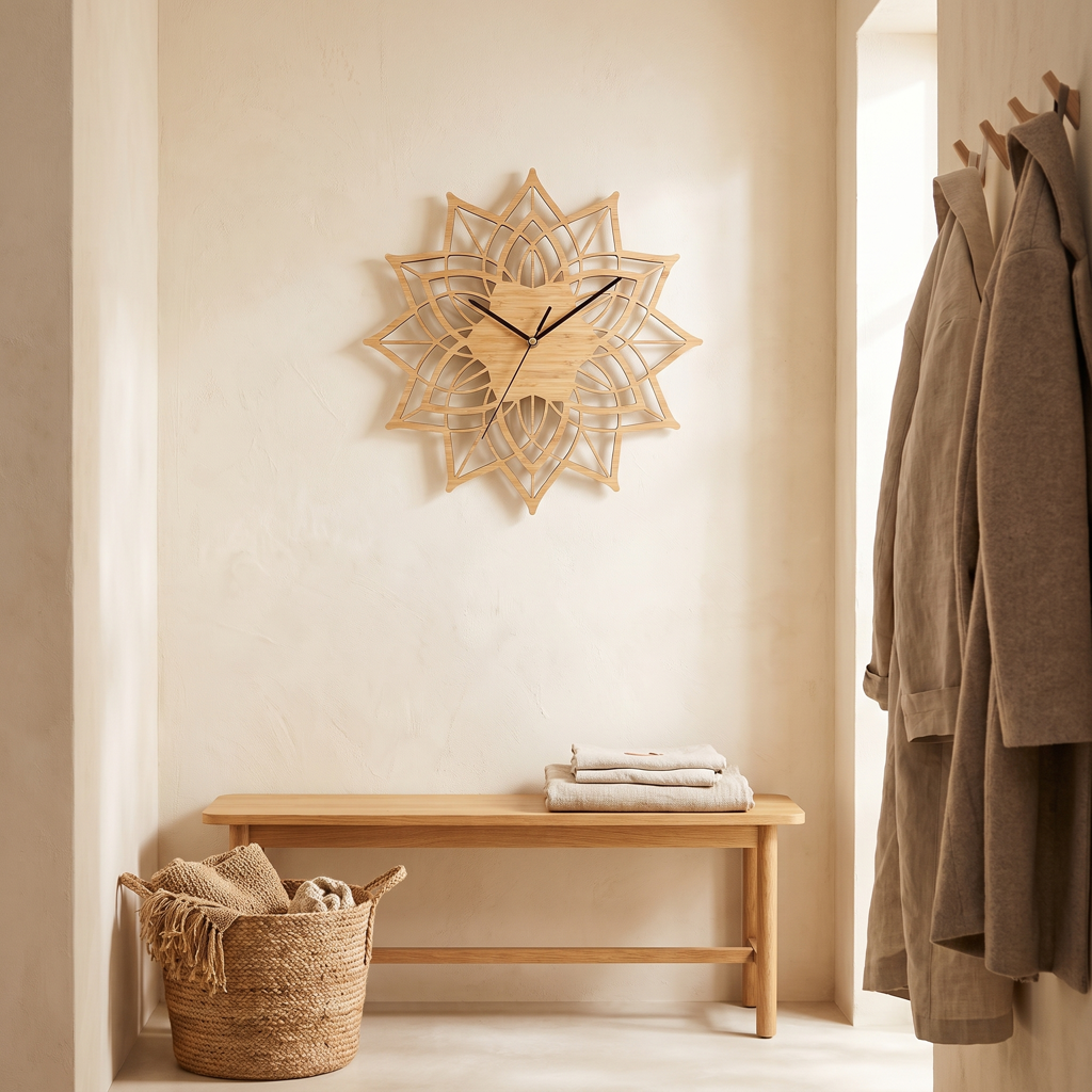 Wood lotus wall clock above a bench in a warm entryway