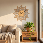 Natural wood lotus mandala wall clock on a warm living room wall
