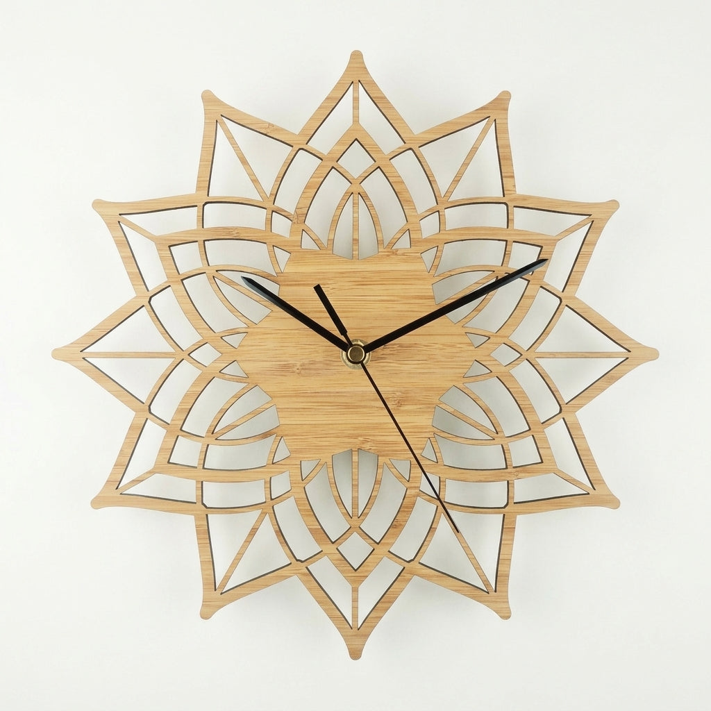 Natural wood lotus mandala wall clock shown as a clean product view on a plain background