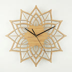 Natural wood lotus mandala wall clock shown as a clean product view on a plain background