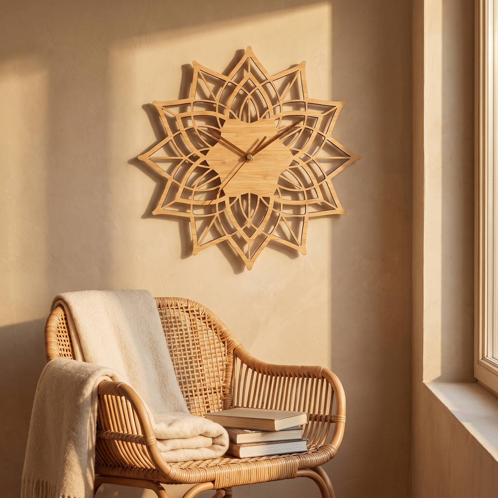Wood lotus wall clock above a cozy reading nook