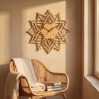 Wood lotus wall clock above a cozy reading nook