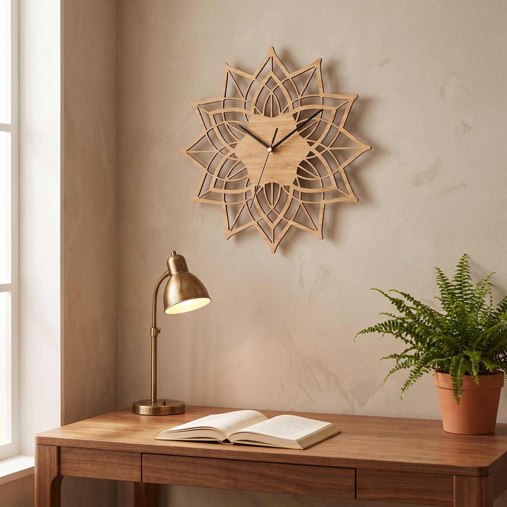 Wood lotus wall clock above a desk in a warm home study