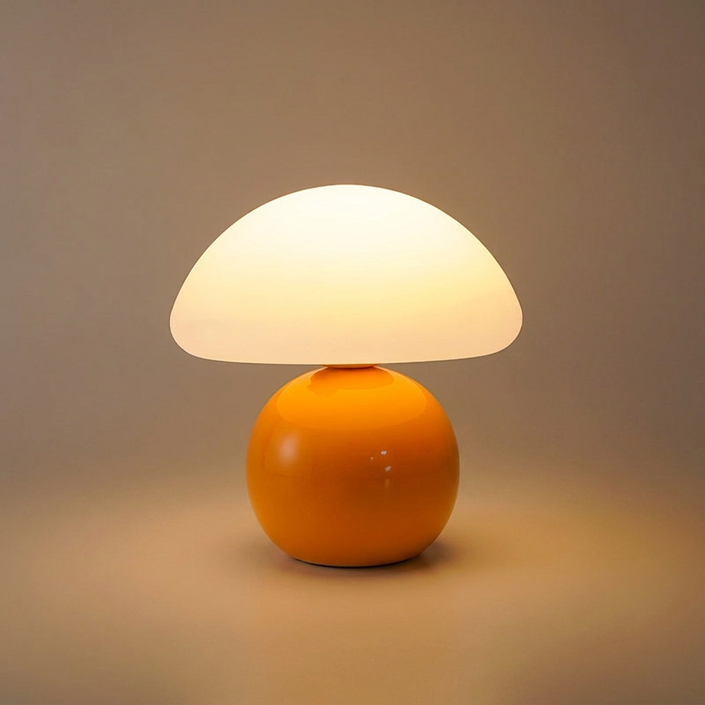 Mushroom table lamp with a warm cream shade and glossy orange base, glowing warmly on a clean background