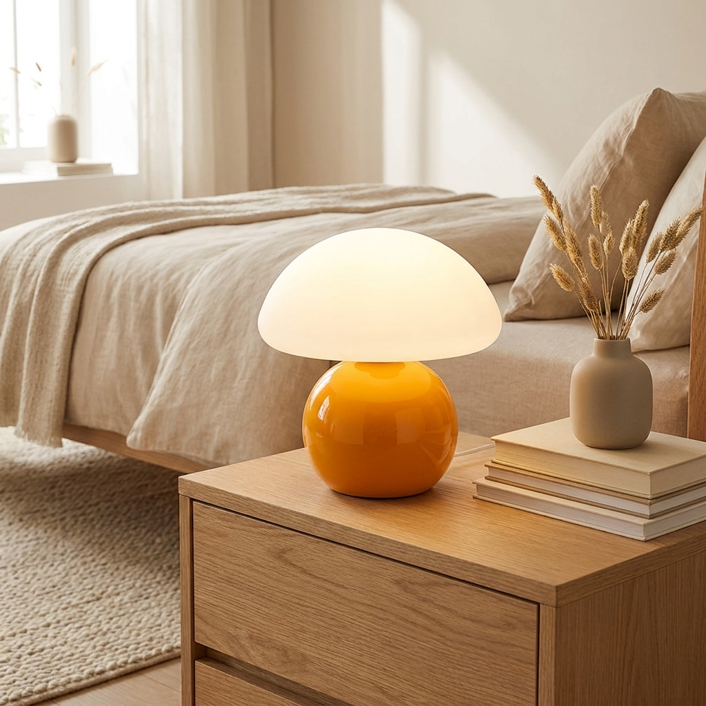 Mushroom lamp with a cream shade and glossy orange base glowing on a wood nightstand in a warm bedroom