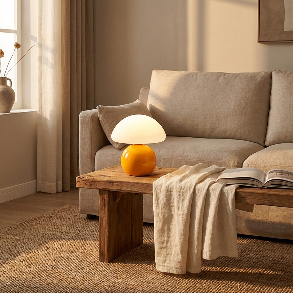 Mushroom lamp with a cream shade and glossy orange base on a wood side table beside a linen sofa