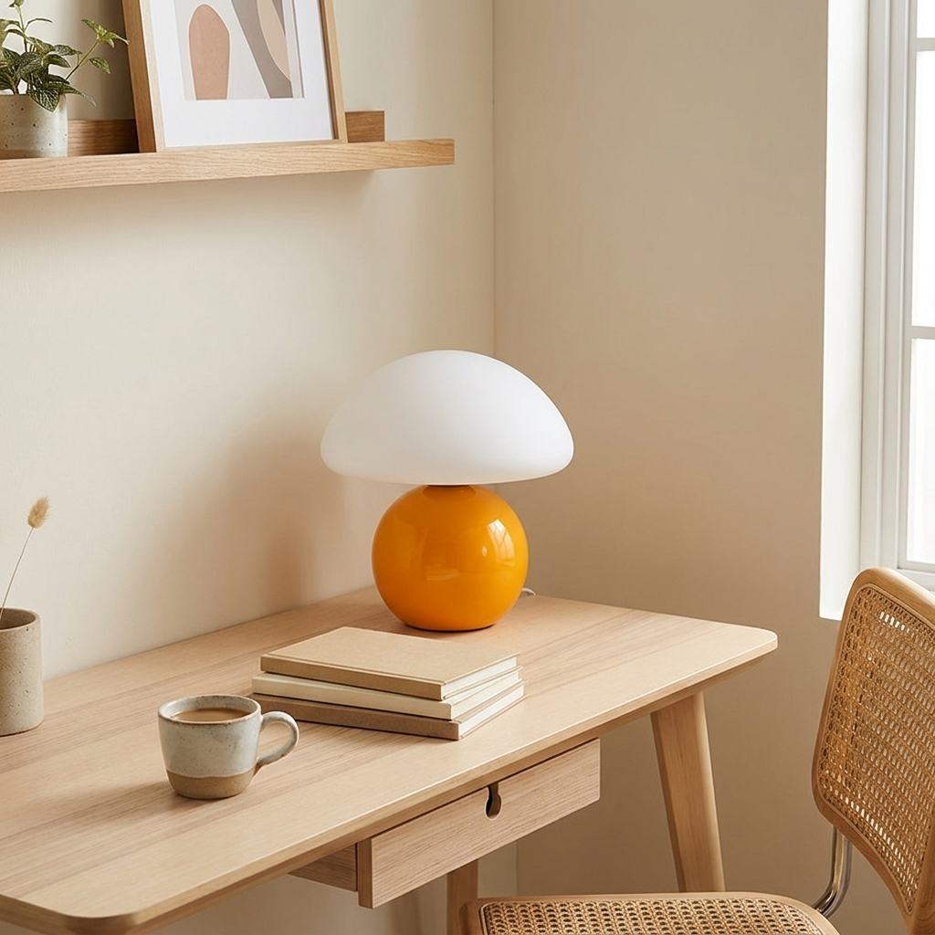 Mushroom lamp with a cream shade and glossy orange base on a light wood desk in a home office nook