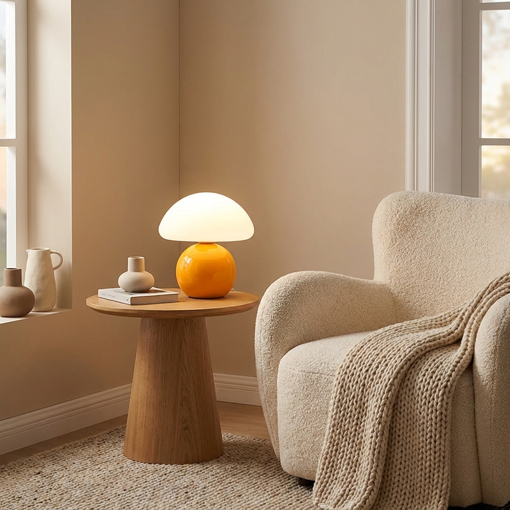 Mushroom lamp with a cream shade and glossy orange base on a side table beside a cozy reading armchair
