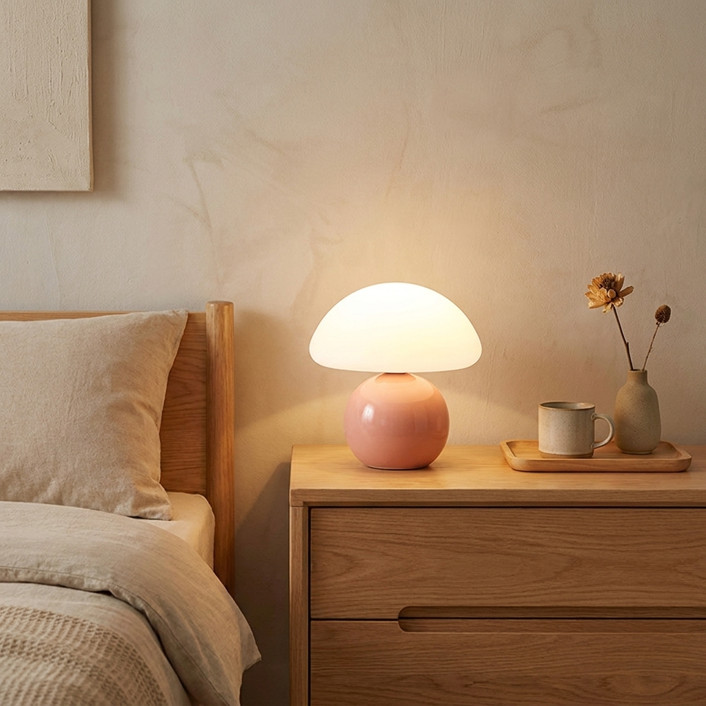 Pink-base mushroom lamp glowing on a bedroom dresser