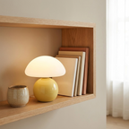 Yellow-base mushroom lamp glowing on a wooden shelf