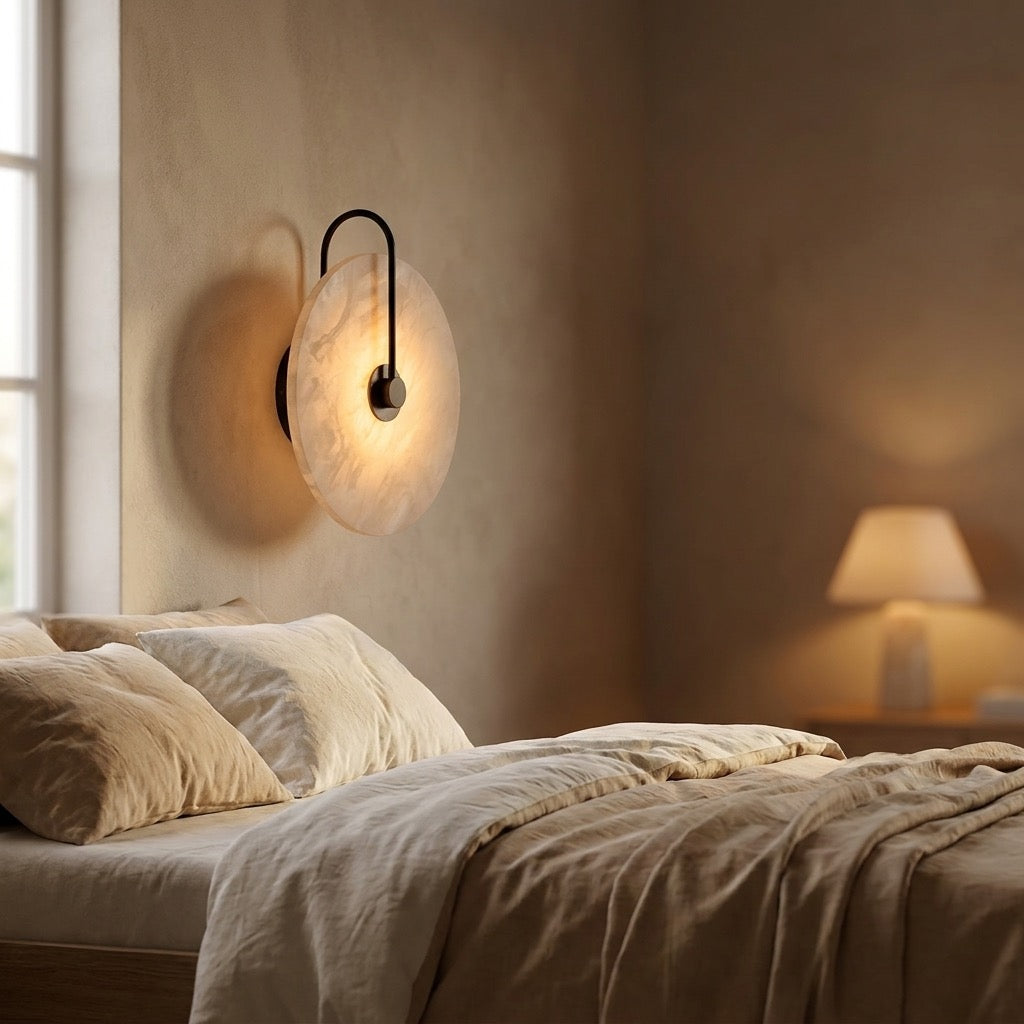 Curved black arm and wall mount holding the glowing alabaster-look disc