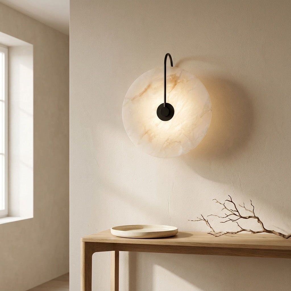 Detail of the translucent alabaster-look disc face with soft natural-style veining