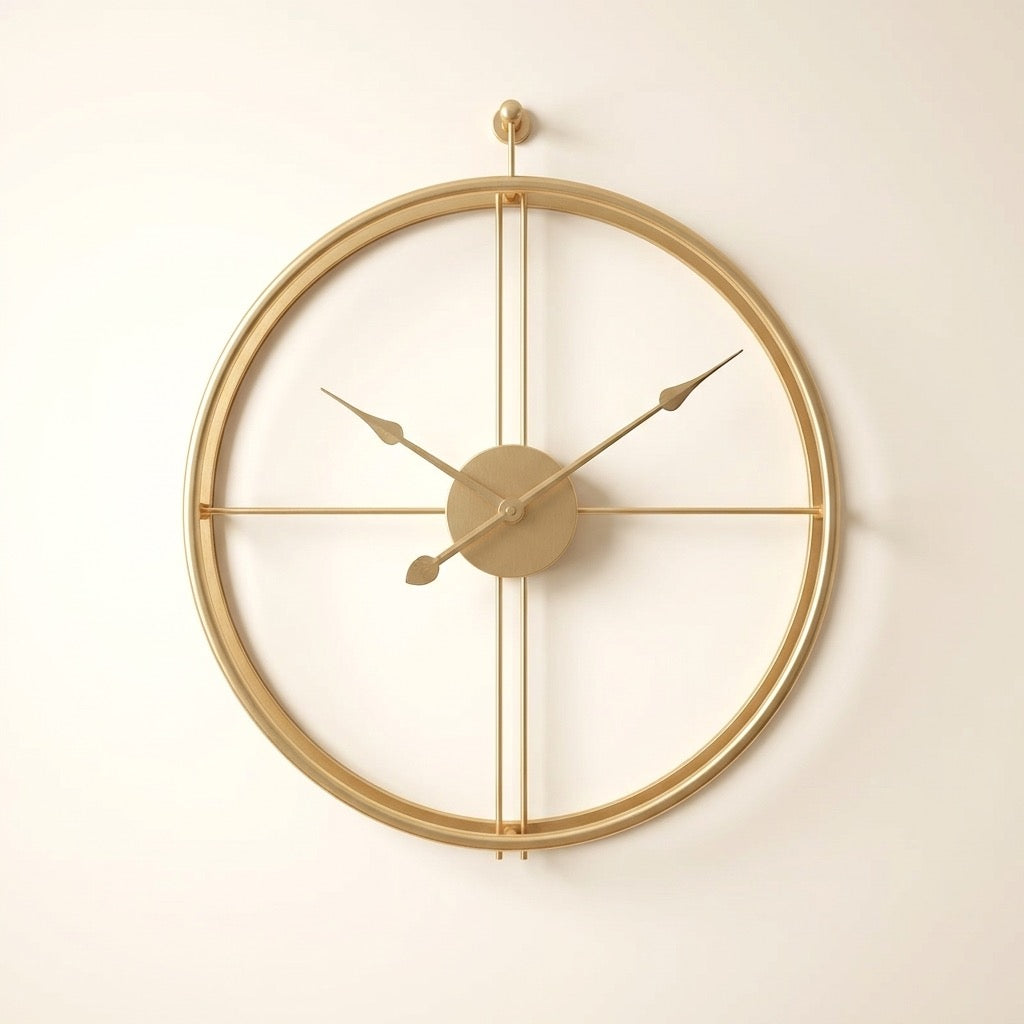 Open double-ring gold-tone metal wall clock with slim spear-tipped hands