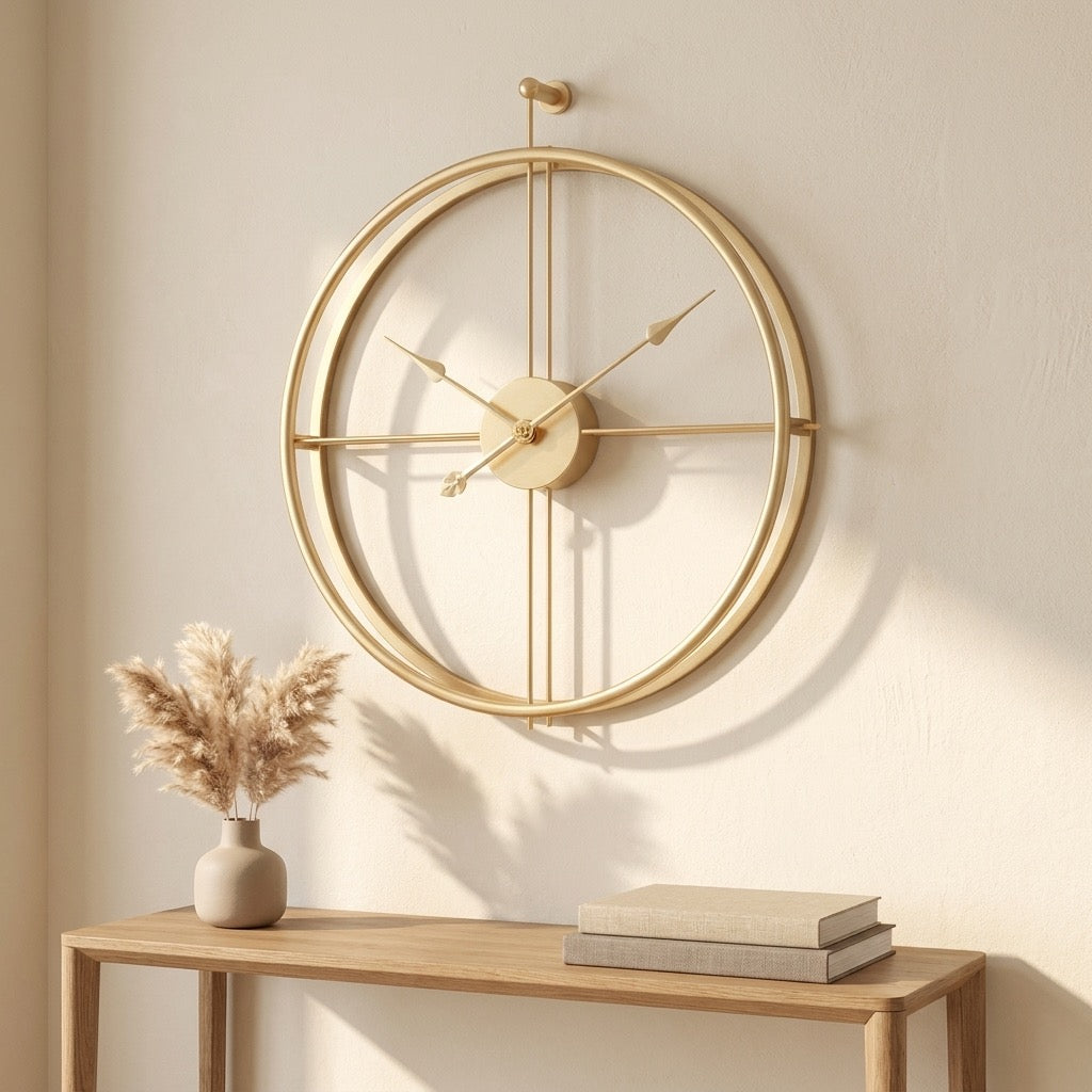 Close-up of gold-tone clock center hub and spear-tipped hands
