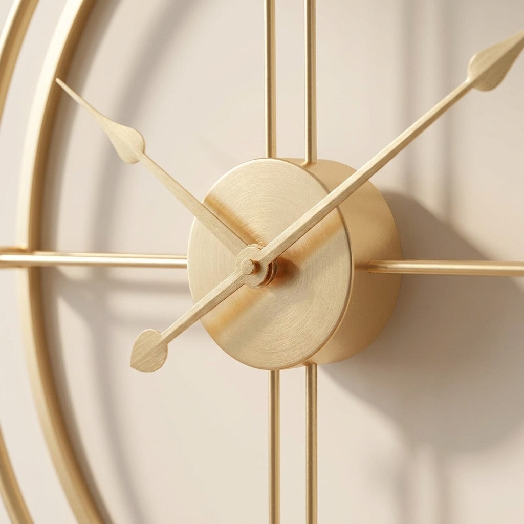 Open double-ring gold-tone clock styled in a modern living room