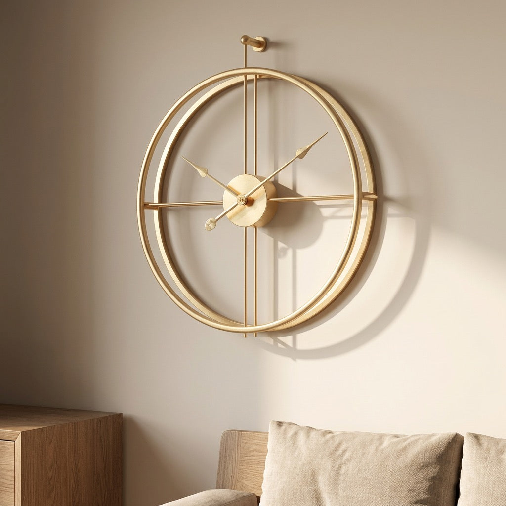 Dial-free gold-tone wall clock showing the wall through its open frame