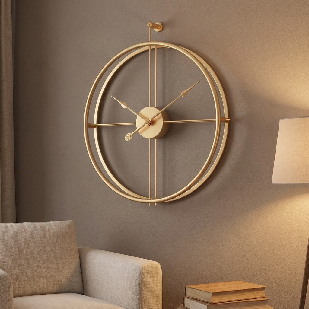 Oversized gold-tone double-ring statement wall clock