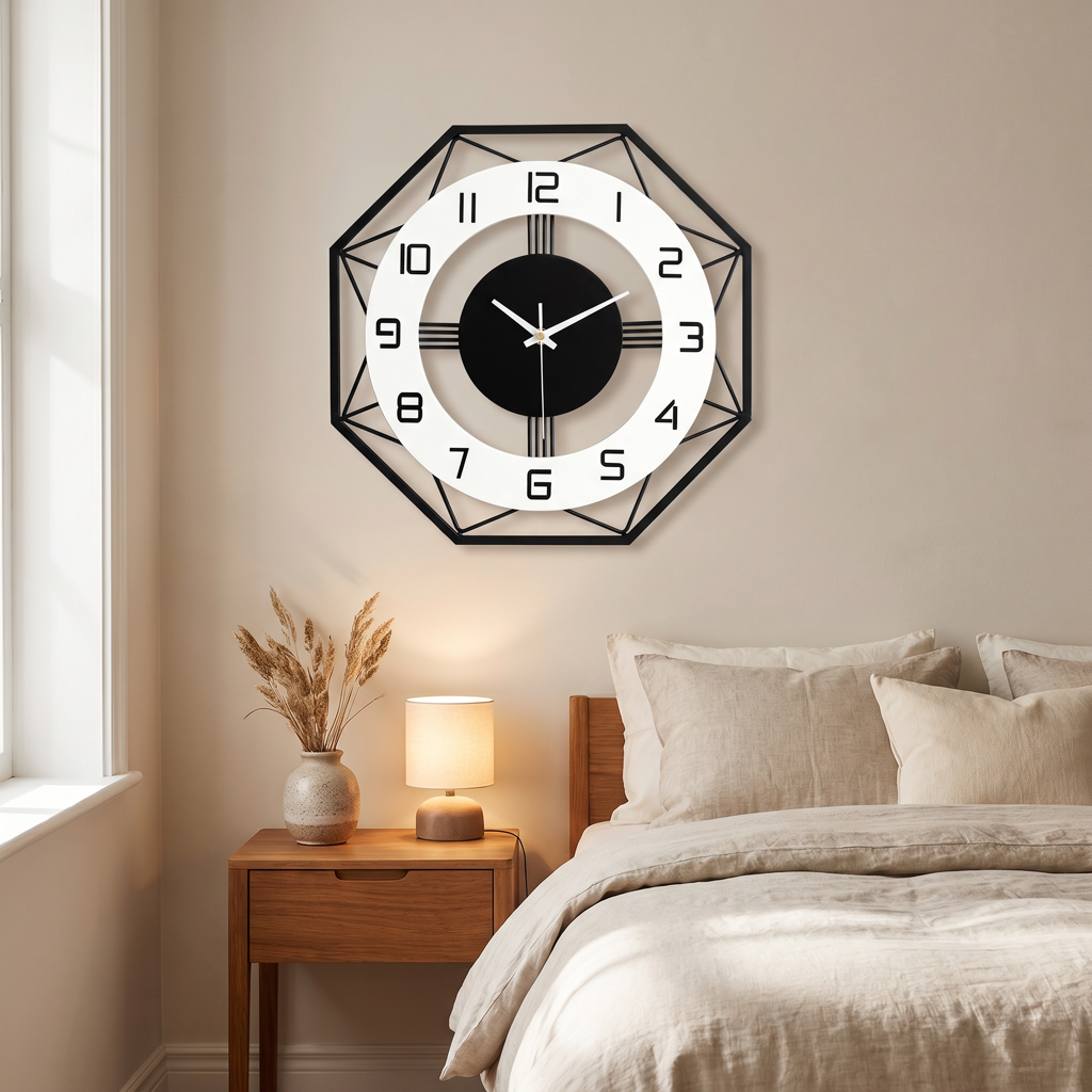 Octagonal wireframe metal wall clock above a nightstand in a cozy bedroom