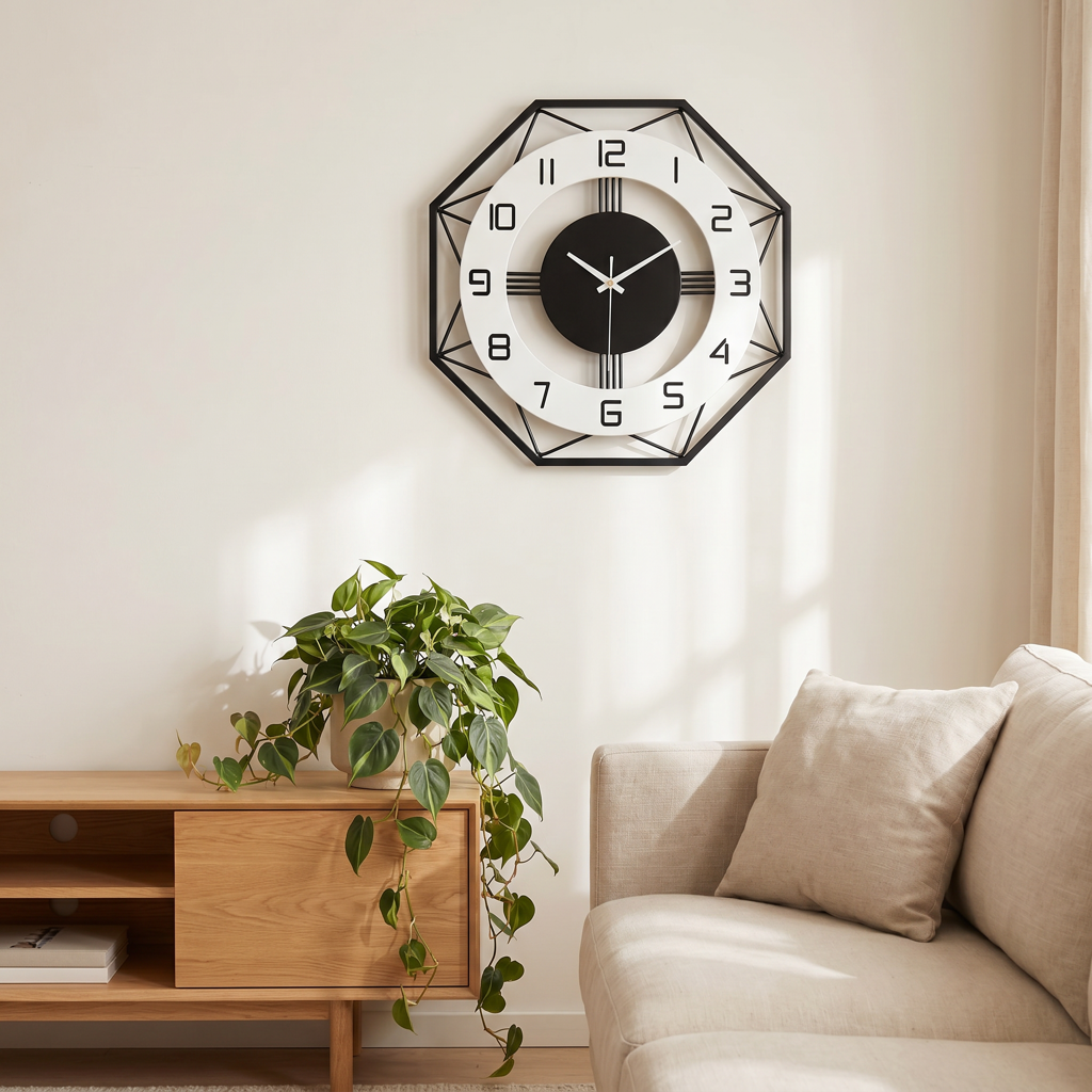 Geometric octagonal metal wall clock on a warm living room wall