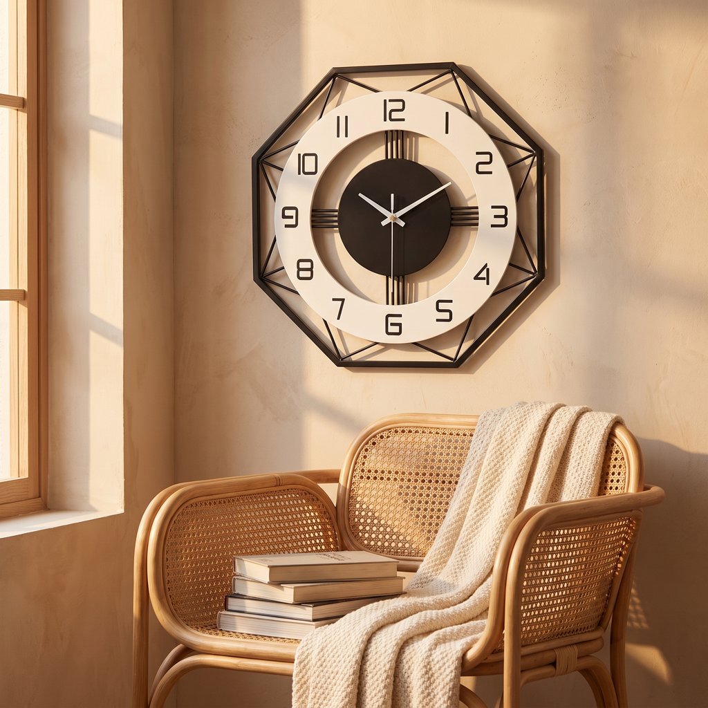 Octagonal metal wall clock in a cozy warm reading nook