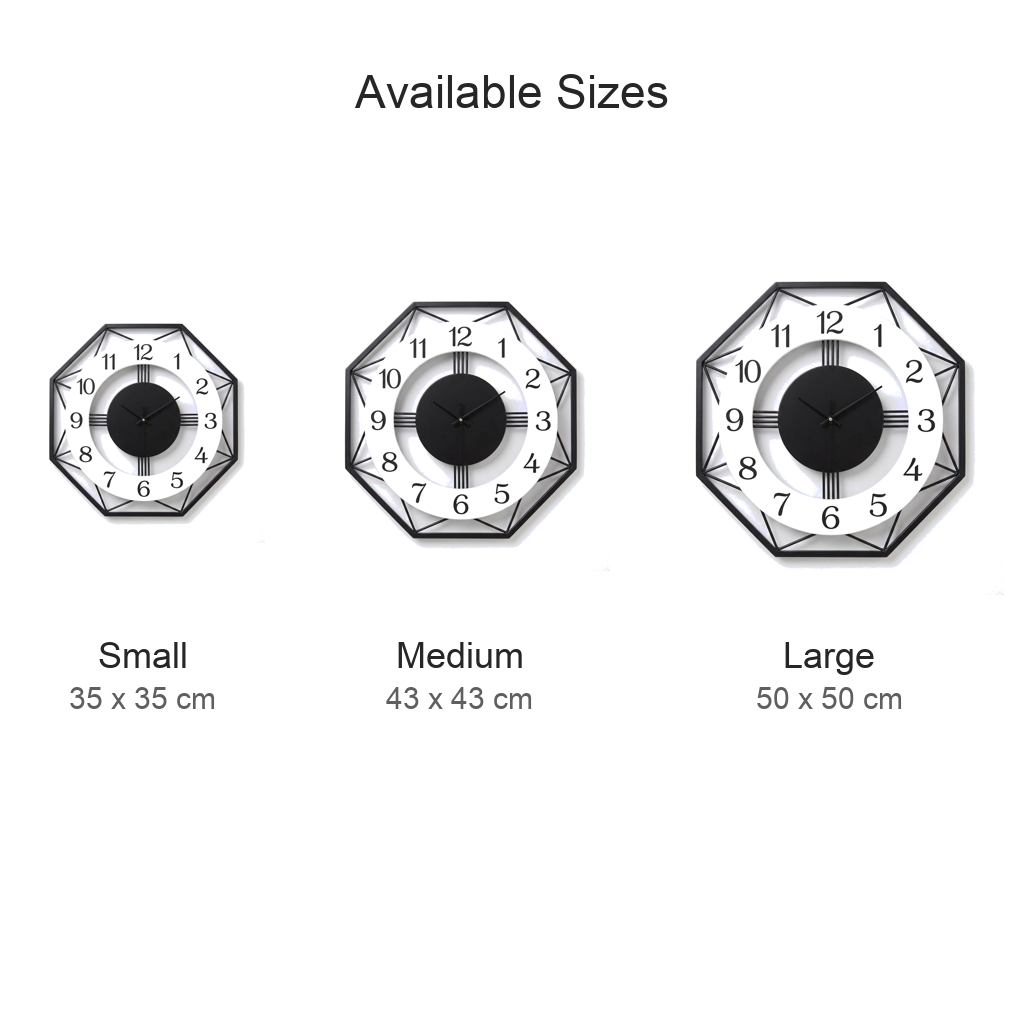Size guide for the octagonal metal wall clock: Small 35 x 35 cm, Medium 43 x 43 cm, Large 50 x 50 cm