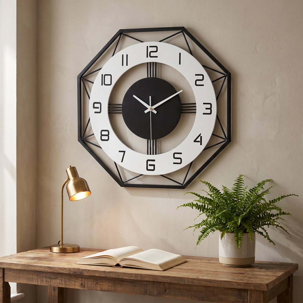 Octagonal metal wall clock above a desk in a warm home study