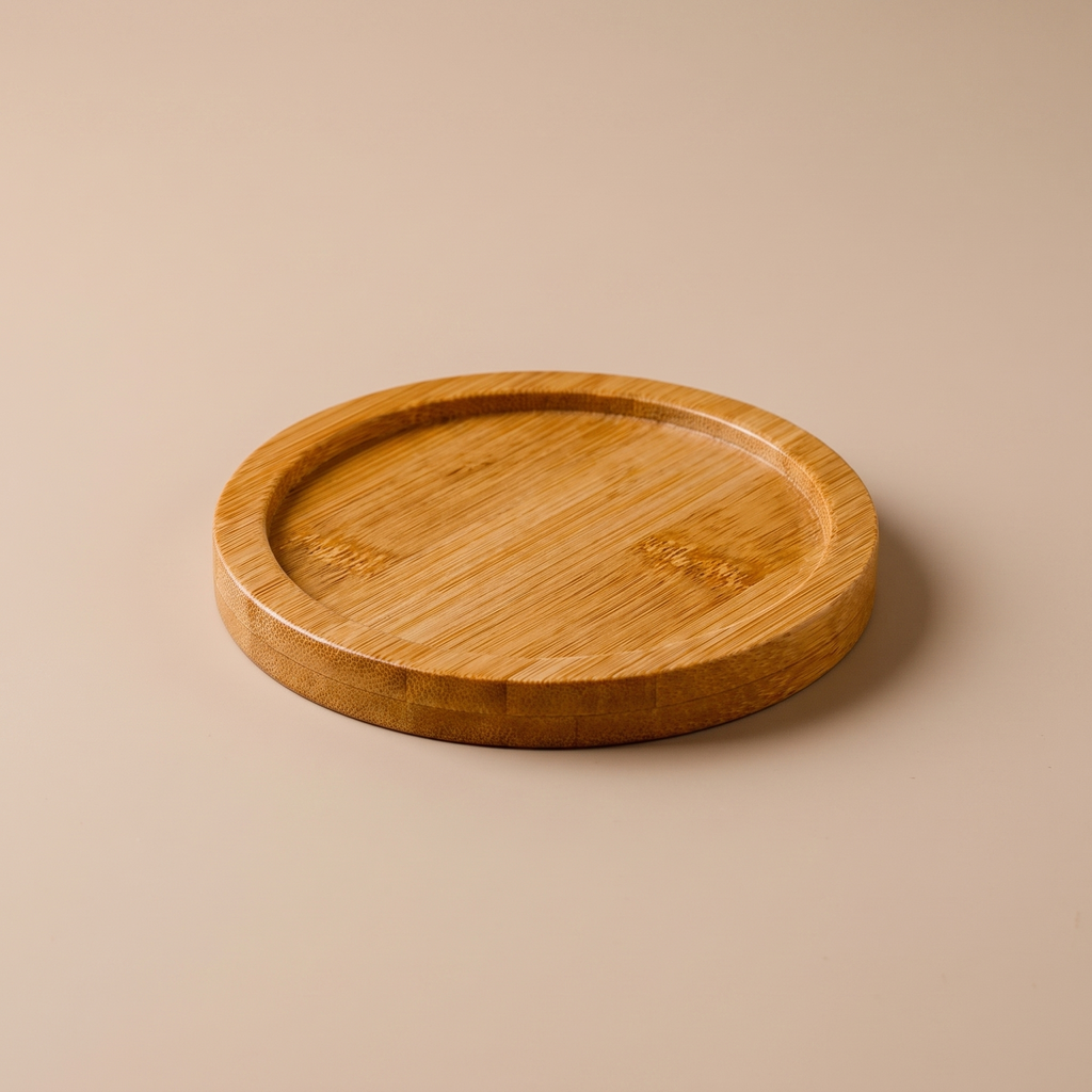Round natural bamboo mini tray holding a ceramic coffee cup on a wood table