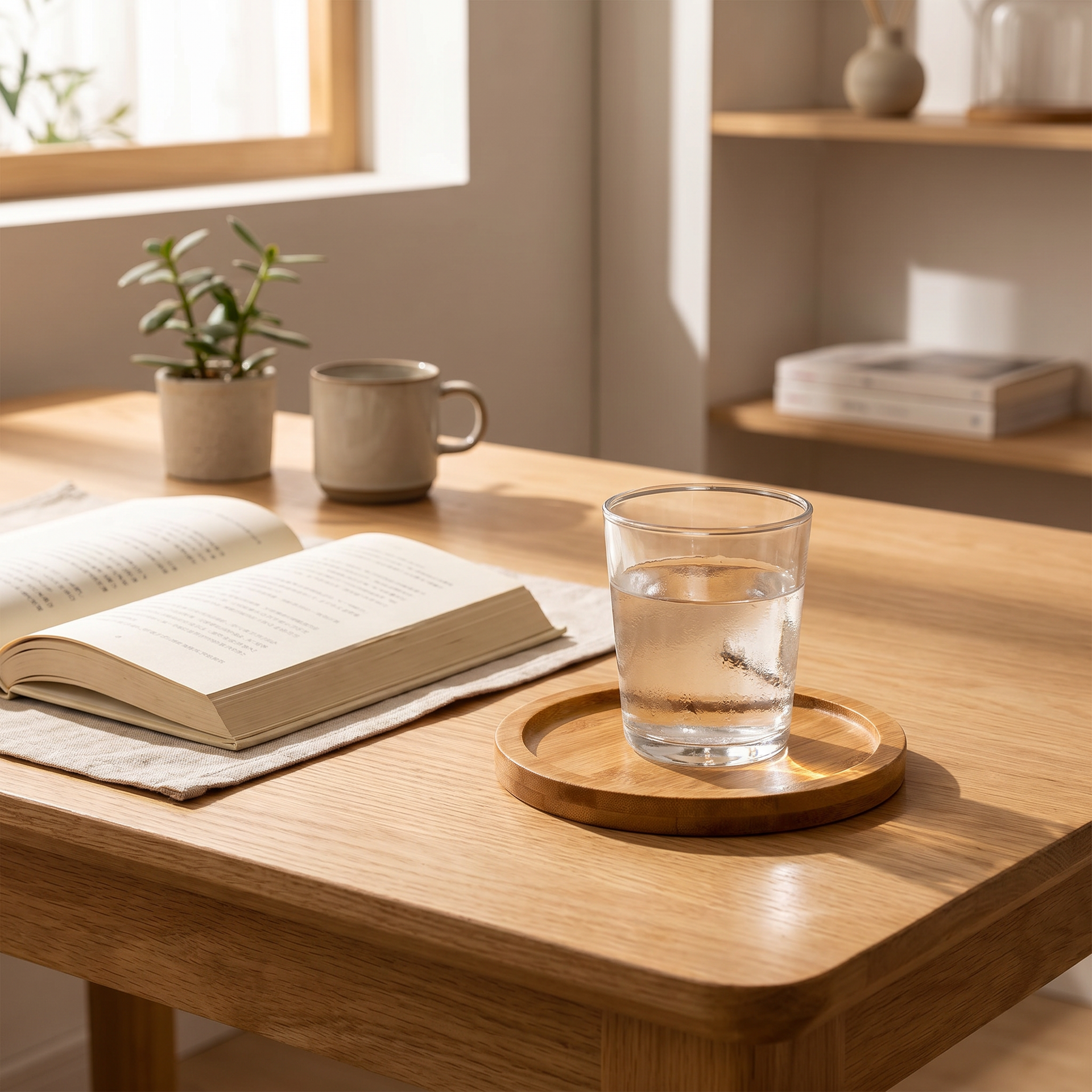 Stack of round bamboo trays in graduated sizes on a linen runner