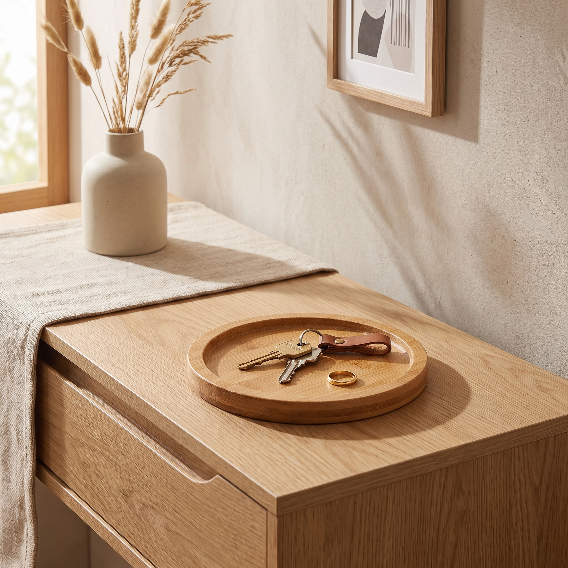 Bamboo saucer catching keys and a ring on an entryway console